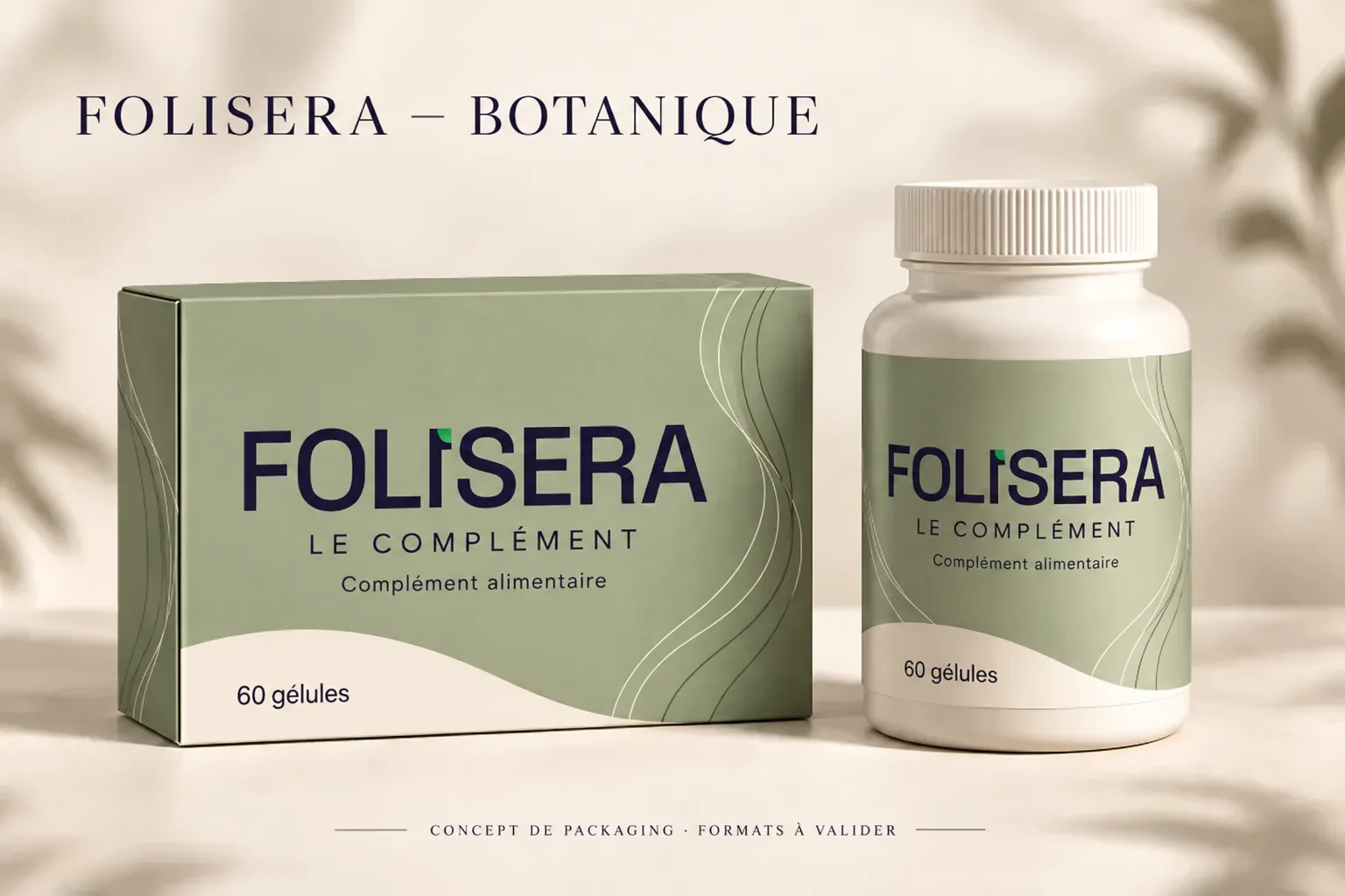 Étude du design Botanique Folisera : un étui vert sauge et un flacon ivoire, avec de fines lignes courbes.