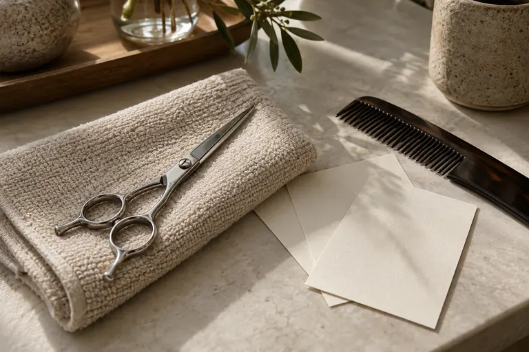 Des ciseaux, un peigne et des cartes de référence reposent sur une serviette.