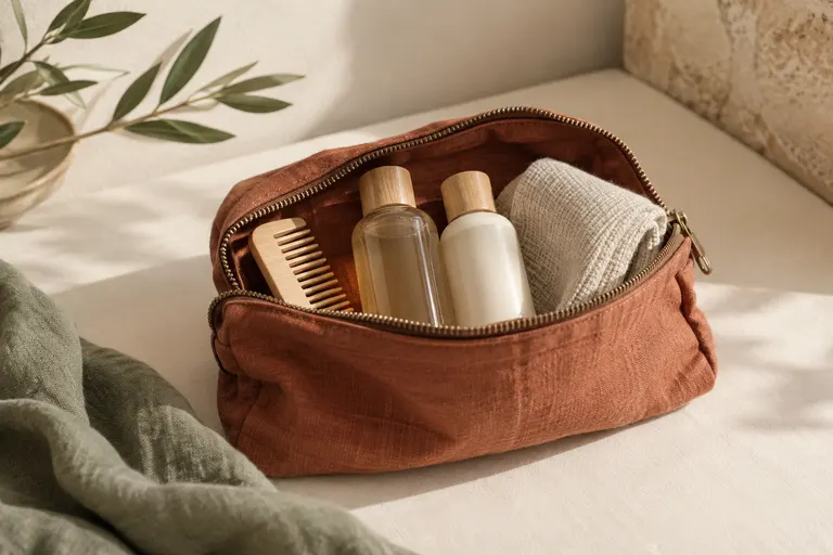 Une petite trousse en lin contient un peigne et deux flacons de voyage.